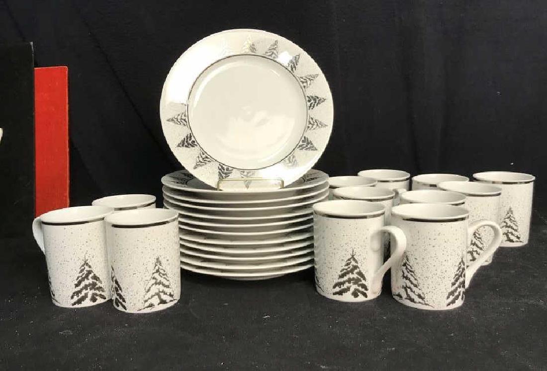 DANSK and Co Holiday Porcelain Place Settings: Set of Dansk Holiday Tableware, underside marked for Dansk, international designs limited, Bangladesh, silver and white, festive tableware, plates measure diameter app 9 inches set of 12, ht 4 inches 