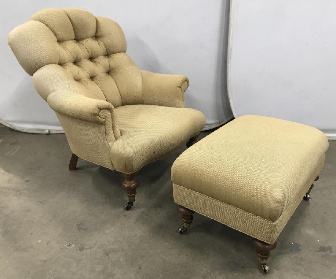 ETHAN ALLEN Parlor Chair And Ottoman: ETHAN ALLEN Upholstered Parlor Chair In beige toned fabric with matching ottoman. Chair has tufted back, rolled arms and turned front legs with caster feet, Ottoman has turned legs and caster feet, ch