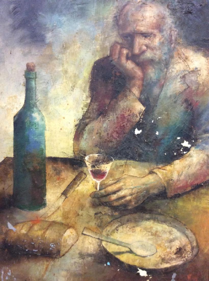 Lanier 1967 Signed Painting Man Drinking: Lanier '67 Signed and dated as '67, Painting Man Drinking. Charles Lanier painting on canvas, vintage artwork, framed painted canvas. Elderly man drinking wine at a table. Some notable surface wear in