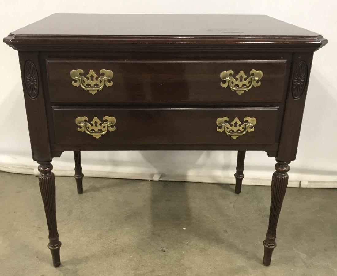 Vintage Ethan Allen Side Table: Vintage Ethan Allen Side Table In dark toned wooden finish, Sheraton style legs and two drawers with brass toned metal drawer pulls, marks to top, interior of top drawer is marked with Ethan Allen, Me
