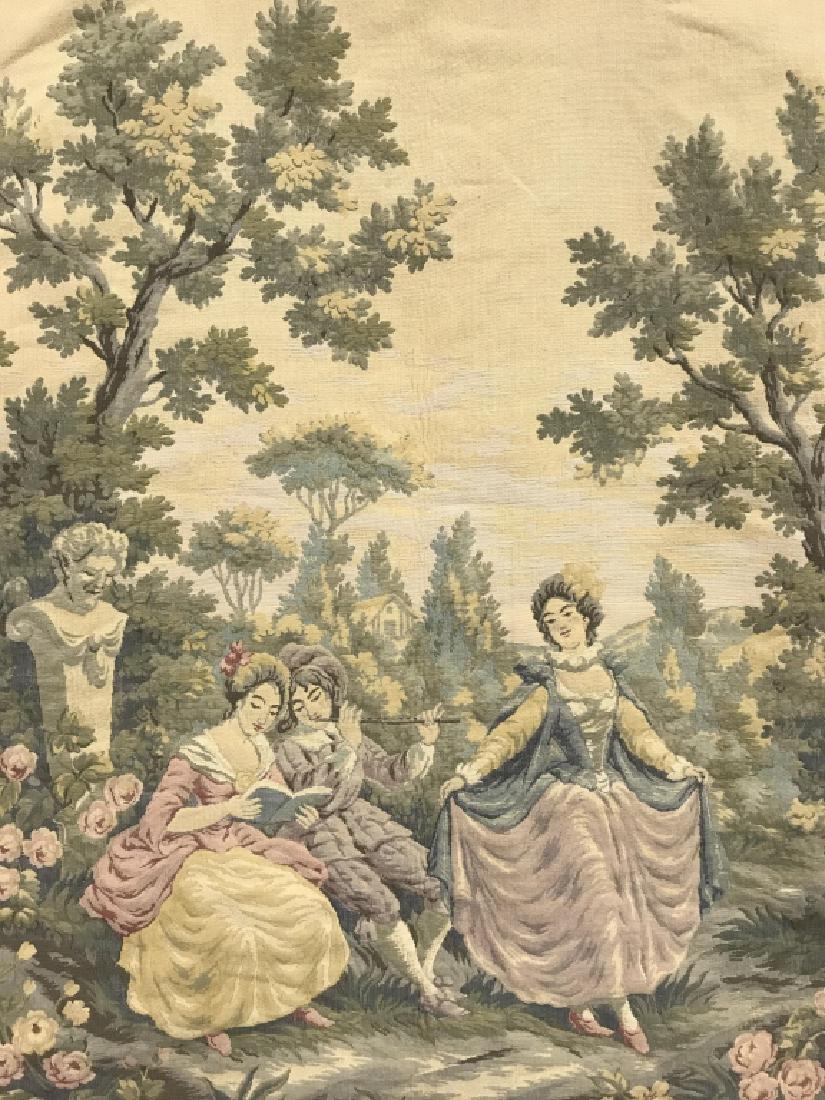 Vintage Tapestry in the Style of Aubusson: Vintage French tapestry in the style of Aubusson. Tapestry depicts 3 female figures in a lush garden. Possibly hand-woven wool. Tapestry appears to have been exposed to sunlight, with some fading of c