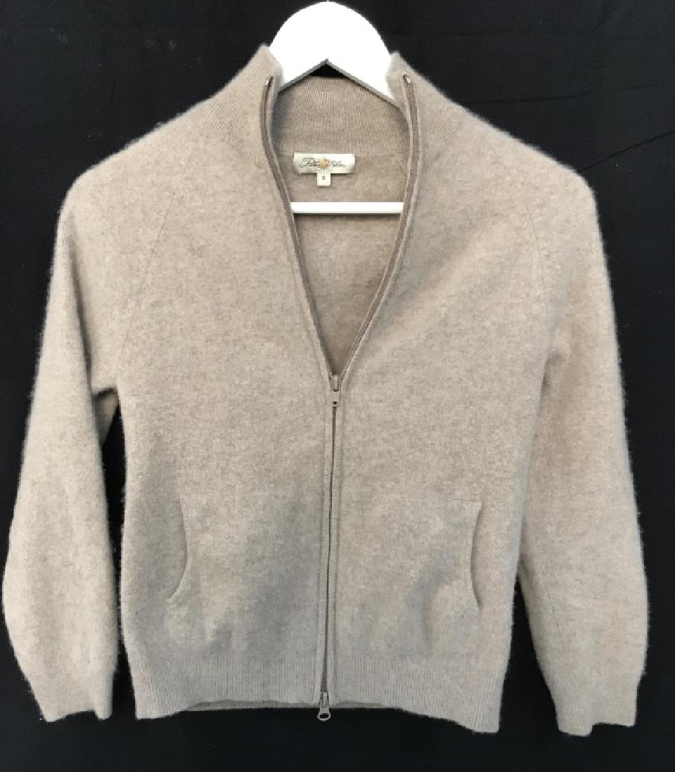 PETER MILLAR Designer Cashmere Zip Up Sweater: PETER MILLAR Designer women’s casual fuzzy cashmere zip up sweater. Sweater is oatmeal in tone. Label reads Peter Millar, 100% cashmere, Size S. Women’s ladies’ designer sweater / cashmere knit