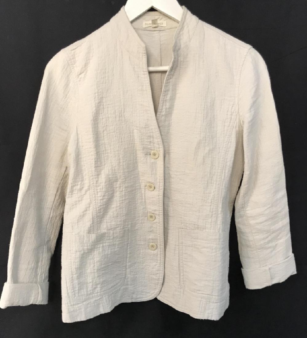 EILEEN FISHER Designer Women’s Casual Blazer: EILEEN FISHER Designer women’s casual blazer / jacket. Sweater is cream in tone. Label reads Eileen Fisher, 60% linen, 55% linen, 45% cotton, Size XS. Women’s ladies’ designer jacket / linen cot