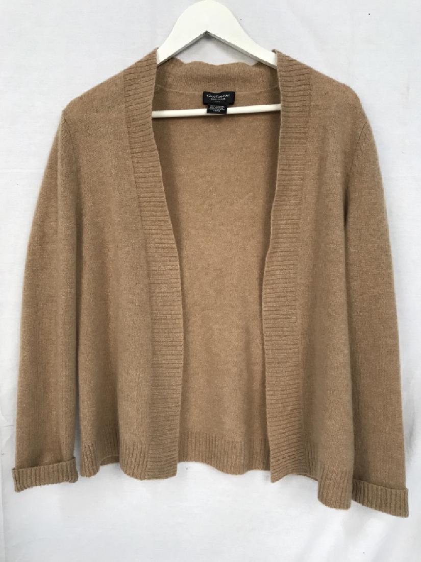 Lord & Taylor Cashmere Open Front Cardigan: Lord and Taylor Designer women’s casual cashmere open front cardigan / sweater shawl. Sweater is beige in tone. Label reads Lord & Taylor, 100% cashmere, Size Petite Large. Women’s ladies’ desig