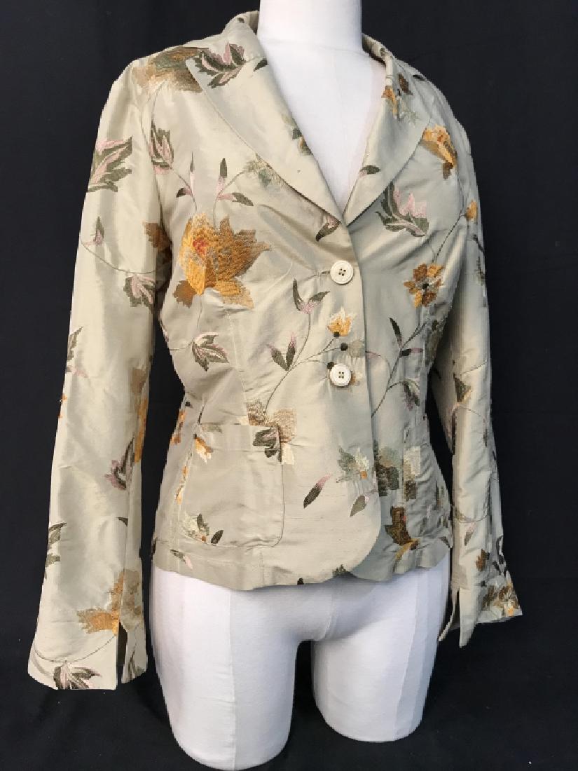 GOSSIP Designer Floral Silk Women’s Blazer: GOSSIP Designer women’s floral embroidered silk jacket / blazer. Blazer is celadon in tone with neutral earth multicolor tones for the floral pattern. Label reads Gossip, 100% silk, British size 12.