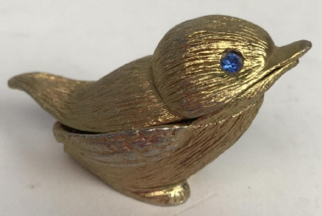 Gilded Metal Bird Pill Box: Hinged lidded Pillows Box, Bird or chic form, blue stone glass eyes, possibly from Florence, Italy, Dresser accessory, Bird Sculptural, measures app ht 2 inches by 2.5 inches