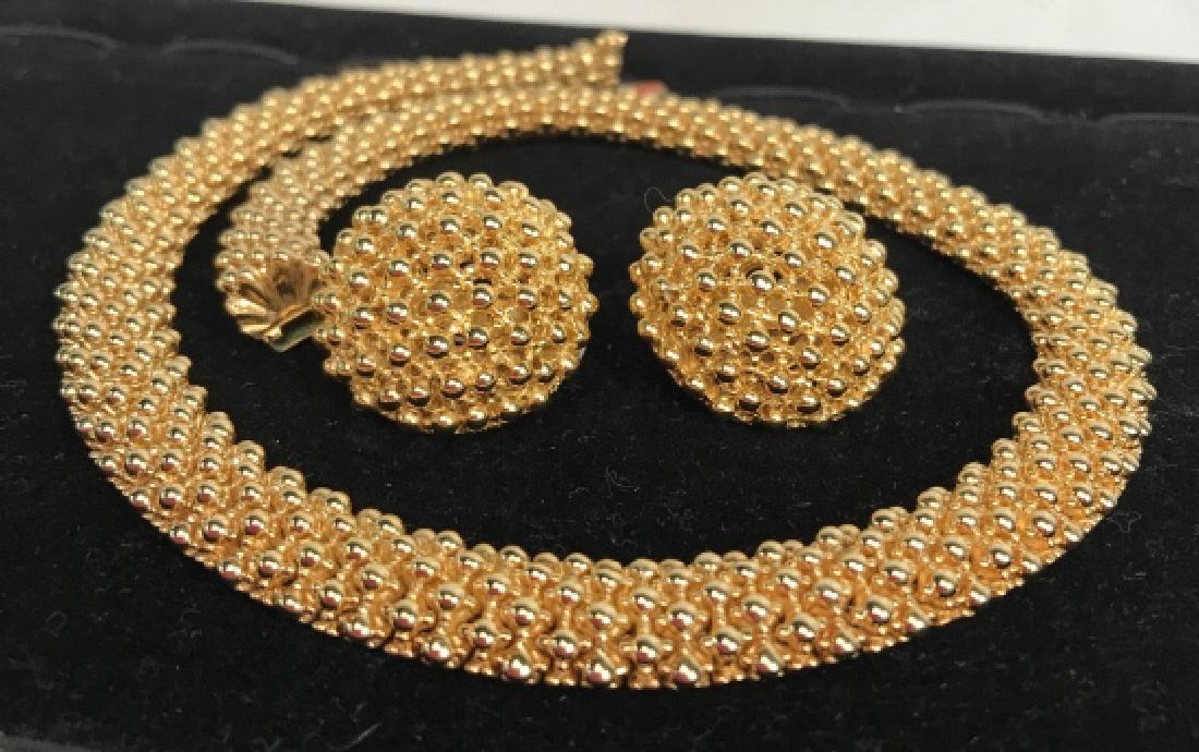 CINER Gold Stacked Bead Necklace w Earrings: Estate jewelry set w gift box, vintage signed jewelry, CINER Clip On button earrings, textured stacked mini gold toned beads, diameter of each app 1.25, wide textured rope style bead stacked necklace