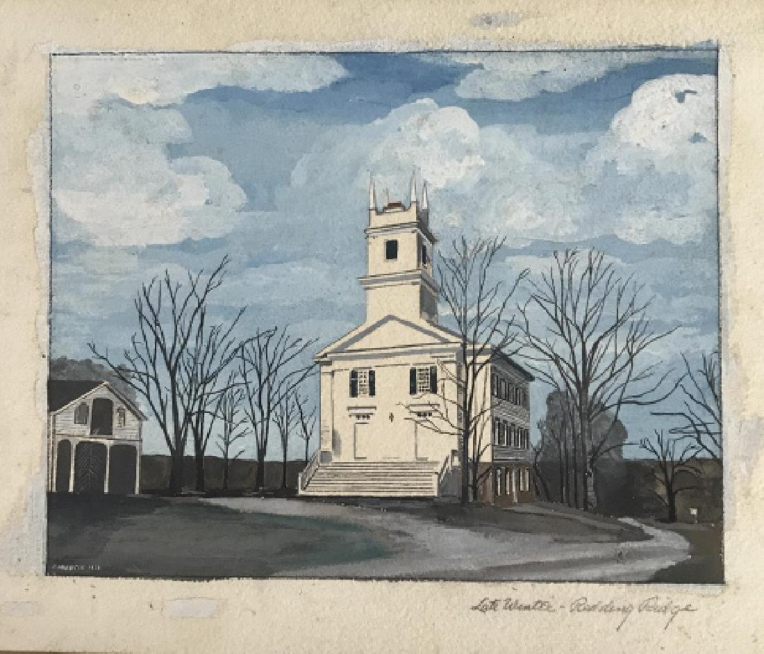 E. HUEBSCH, Watercolor, Redding Ridge 1938: Illustration water color of historic building in park like setting, comes with cardboard back not framed, titled late winter Redding Ridge , Signed dated Lower left, cardboard backing, water color mea