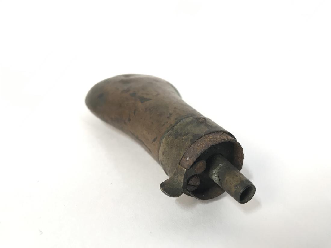Antique Powder Flask Circa 1890’s: Antique Powder Flask Circa 1890’s Possibly Copper Brass, has signs of wear and blue green patina in areas, measures approximately 4.25 inches long x 2 inches wide. Military Collectibles, Vintage Pow