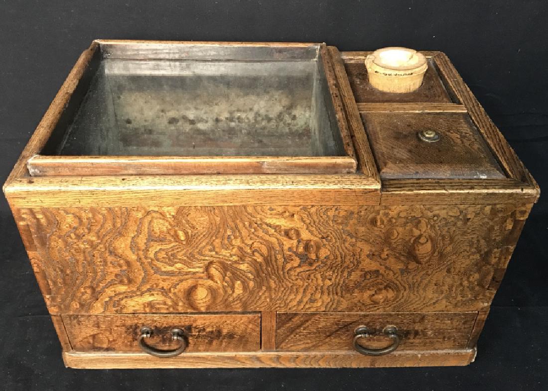 Antique Wooden Terrarium Specimen Box: Antique Wooden poss Walnut Box Terrarium/specimen box with metal inserted interior box with plexi glass top, two top side compartments and two lower drawers with bronze toned metal drawer pulls, and t