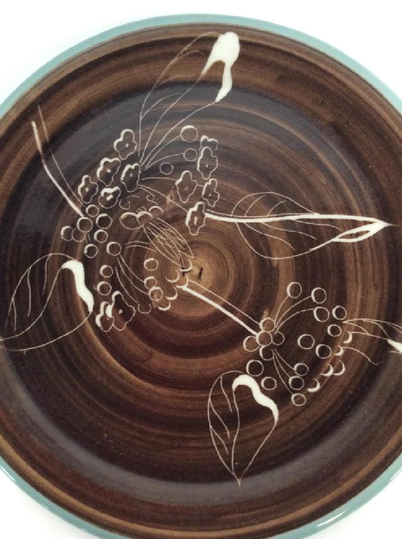 Artist Signed Ceramic Plaater: Signed illegibly, chocolate brown white and turquoise, arts and crafts, tableware, decorative accessory, platter, centerpiece, diameter app 14.5 inches