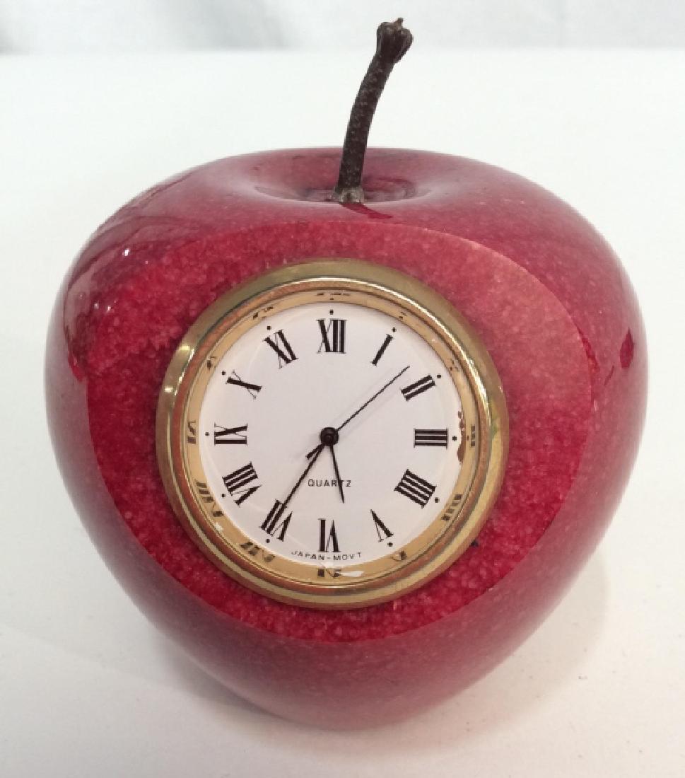 Polished Red MarbleApple Clock: Desk clock face reads quartz in case of solid red marble Apple, teachers gift, desk clock, tableware, accessory, measures ht app 4 inches