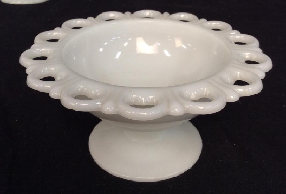 Group Lot Milk Glass Tableware: Collectible milk glass sectioned platter diameter 10 inches, scallop edged bowls, pedestal footed tazzas, candy dishes, fruit bowl sugar shaker, CACHÉ Pot, vase,some marked Napco Cleveland, E.O Brody