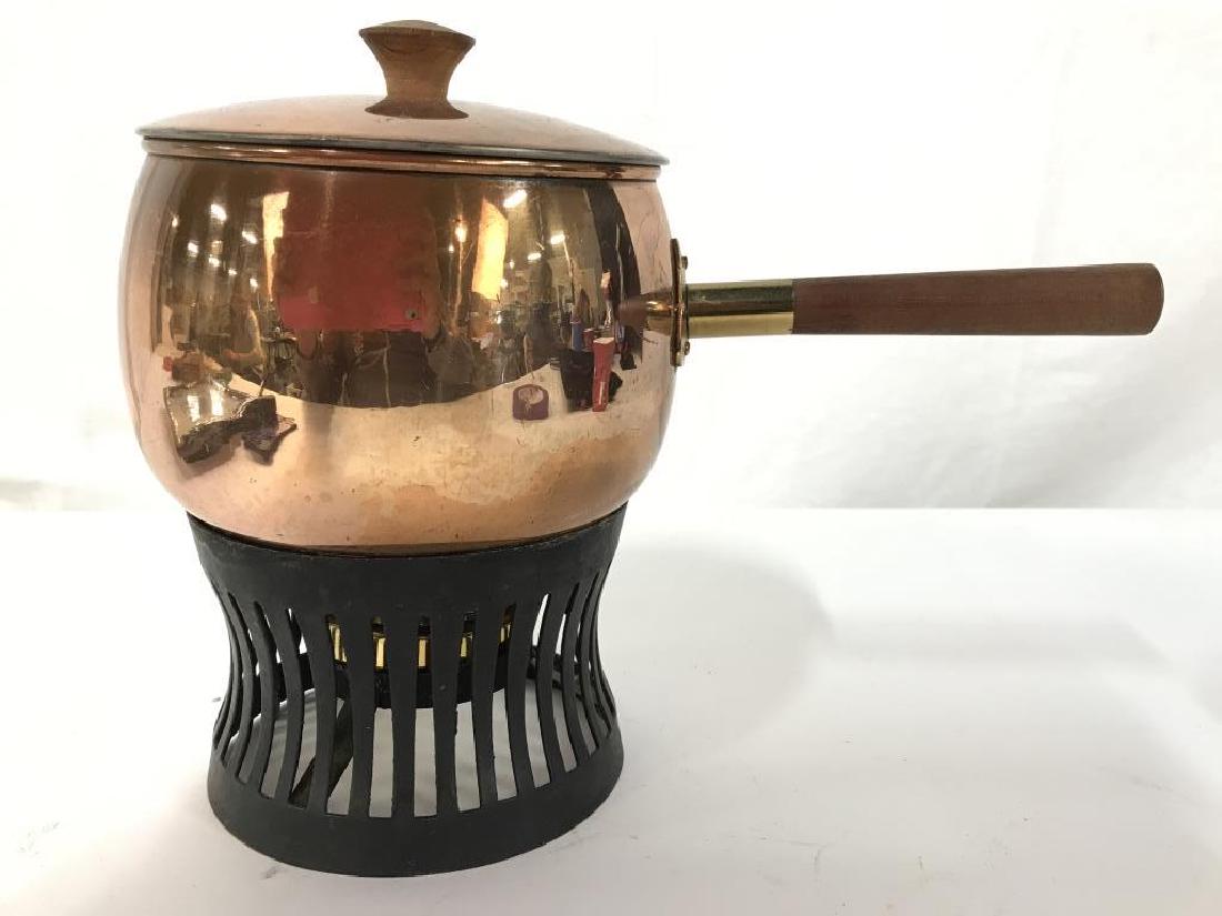 Copper Toned Metal Pot & More: Lot include copper toned pot and lid with burner base. Pot measures approx 12 inches long with handle 5.5 inches tall. Appears to say MADE IN PORTUGAL on underside. Kitchen accessory cookware, fondue 