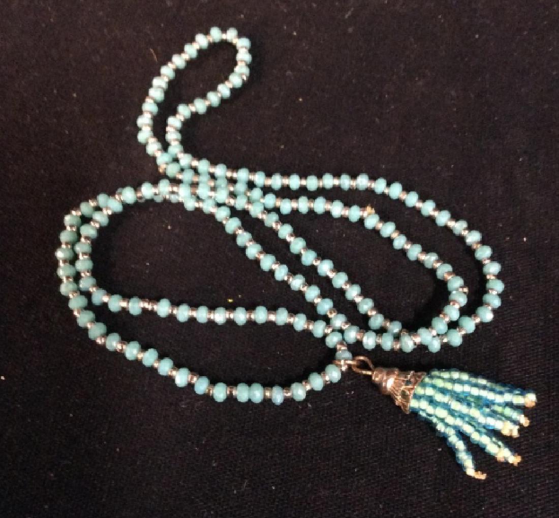 Sparkles Turquise and Silver Toned Bead Necklace: Drop to tassel Pendant app 11 inches, vintage jewelry, fashion accessory, women's costume jewelry