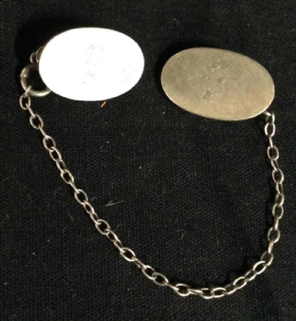 Sterling Silver Collar Chain Fastener: Each end has sterling disc, monogrammed, and clip for fastening. Collar chain, bib fastener, victorian baby jewelry, estate jewelry, up cycle sweater clasp, scarf clasp, Decorative Pin wearable, lengt