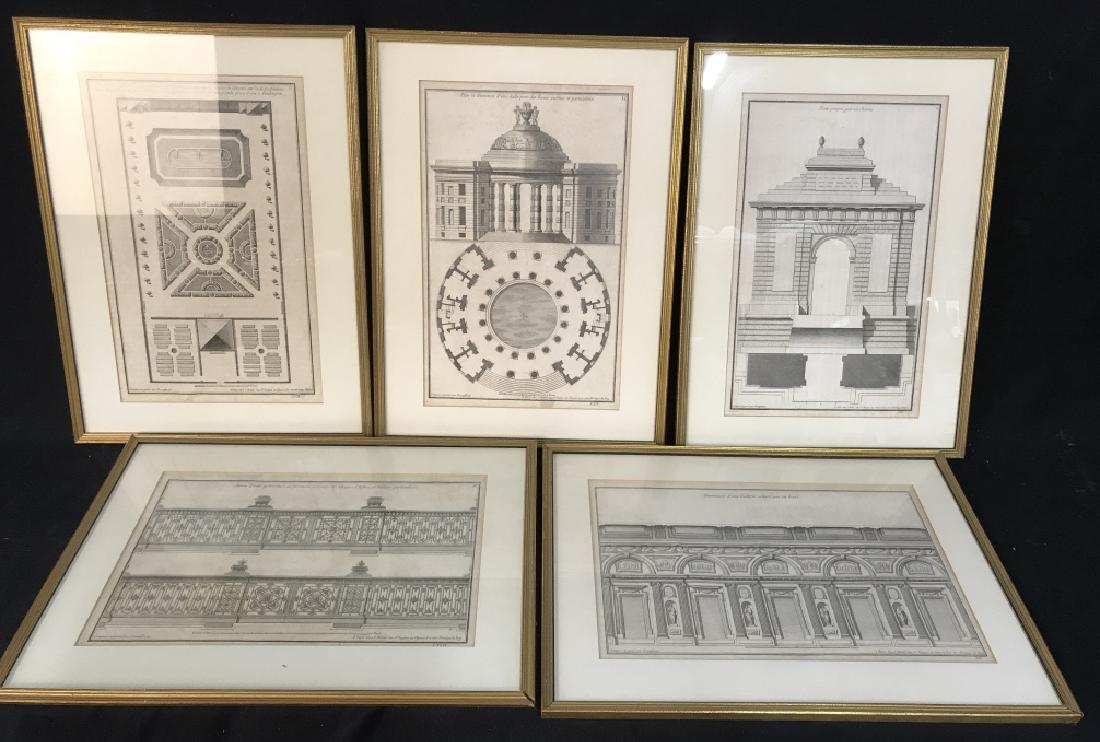 Set of 5 Framed NEUFFORGE Architectural Engravings: Set of 5 framed architectural engravings. Engravings depict building facades, gate structures, and garden layouts. Printed Writing in Lower left corners of images reads in French ‘Compose et grave p