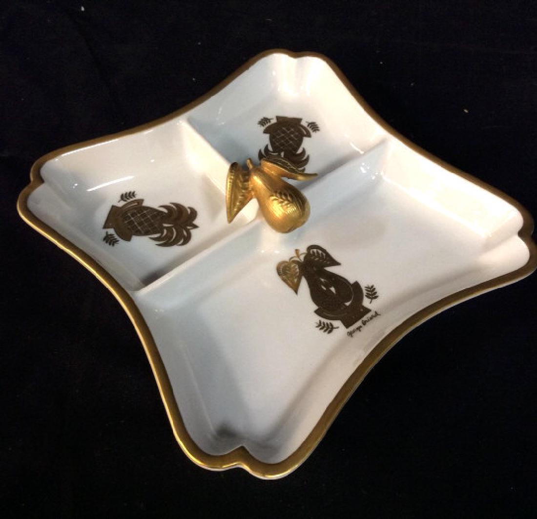 George’s Briard Porcelain Pubeapple Platter: Gold accented white porcelain with three sections, Pear or pineapple fruit design, measures app 9.5 inches square, table ware, vintage tableware