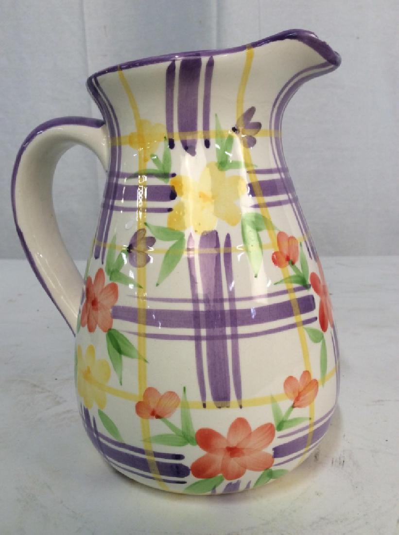 Vintage Ceramic Water Pitcher Jug,: Vintage Ceramic Water Pitcher, Jug, 7 x 6 in, purple check pattern with flowers on white Ground, good condition, not marked, Kitchenware, Tabletop Decorations, Ceramic, Pottery, Jug, Pitcher, Ceramic 
