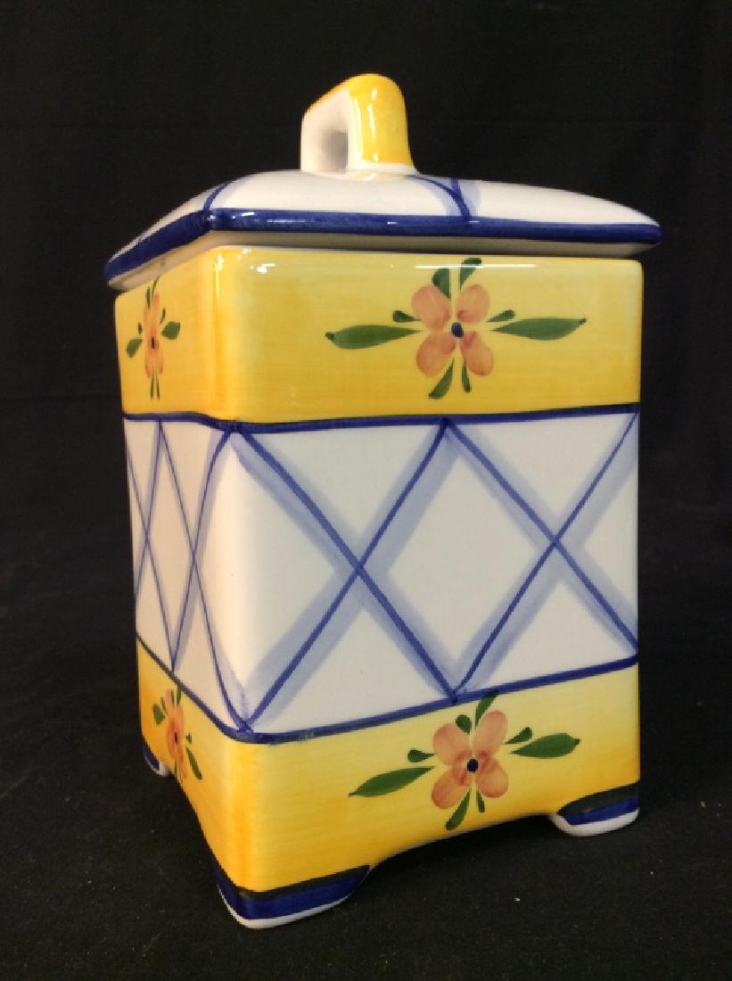 Handpainted Portuguese Ceramic Cookie Jar: Handpainted Portuguese Ceramic Cookie Jar, 8 in x 4 1/2 in, square with yellow banding, and blue cross hatching, good condition, Collectible Ceramics, Cookie Jars, Portuguese Ceramics, Canister, Colle