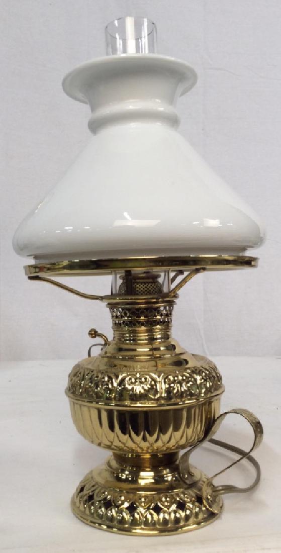 Tiny Juno Brass Toned Desk Lamp: Tiny Juno Brass Toned Desk Lamp, 12 in x 6 in shade, good condition, Formed as a vintage Kerosene lamp, with white porcelain shade, TABLE lighting, Lamp Lighting, Brass Lamps, Lantern, repurposed Oil 
