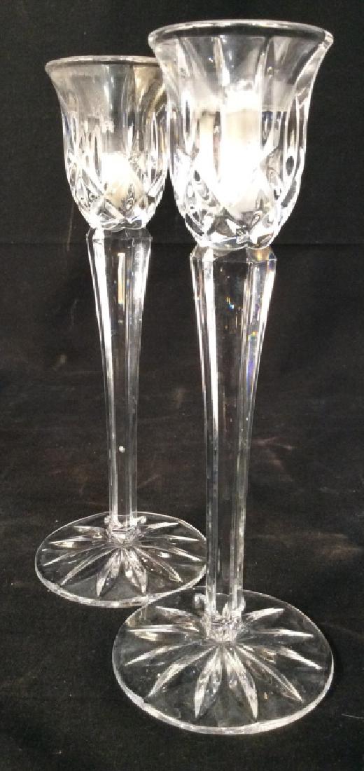 Pair Glass Crystal Candlesticks: Faceted tapered sides, circular base, each measures ht app 8 inches, tableware, decorative accessories, glassware, table top decor
