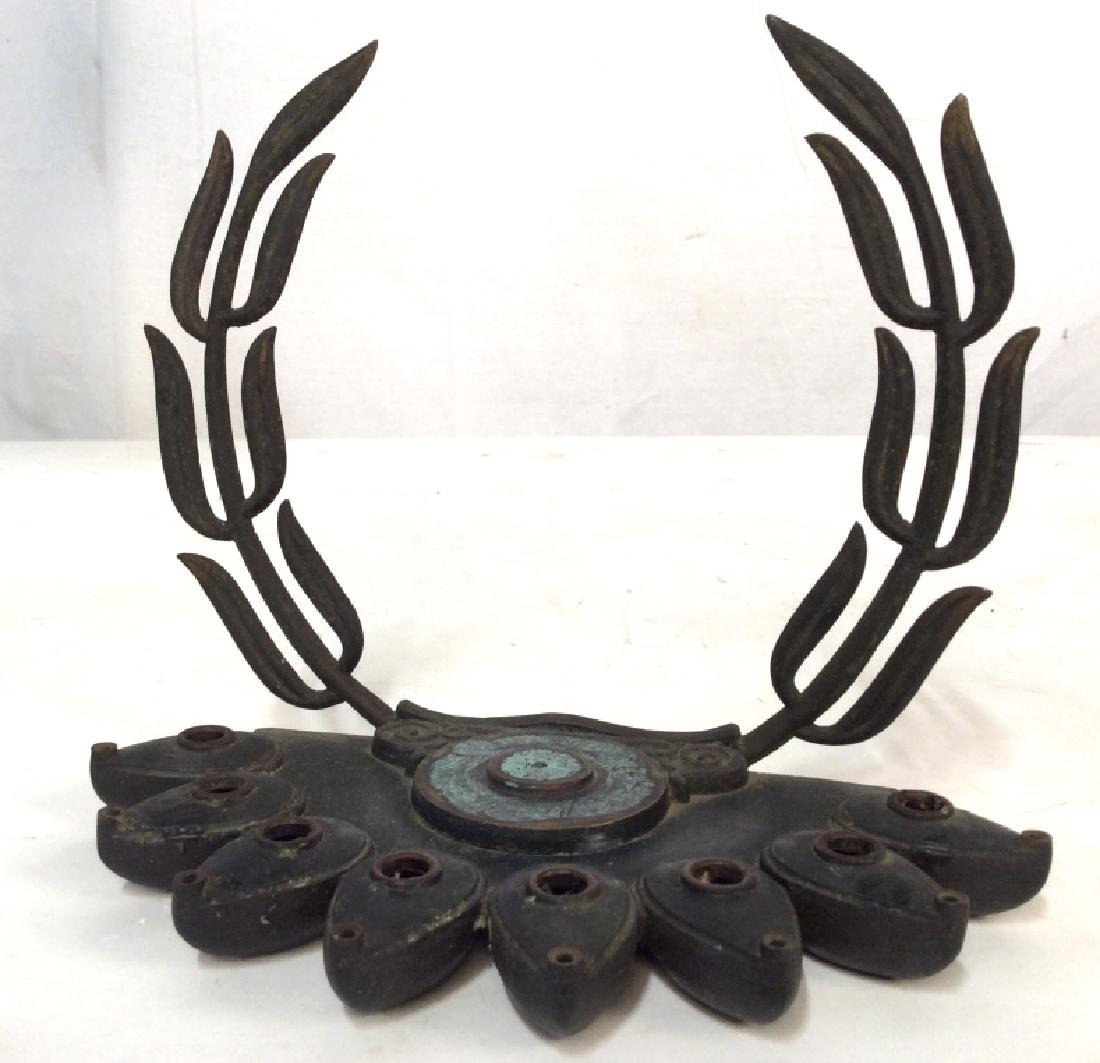 Mixed Metal Menorah, signed: Mixed Metal Menorah, 9 in x 8 1/2 in wide, Signed on underside with Hebrew Lettering, good useable condition, Judaica, Judaic Religous Symbols, Menorah, Bronze, Metal, Judaic Iconography, Hebraica Heb