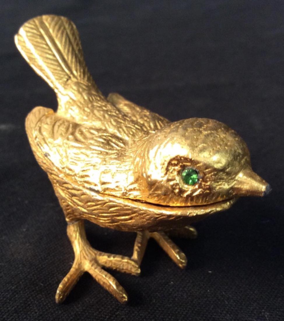 FLORENZA Set 3 Gold Toned Bird Boxes: Set of three gold toned metal birds each with lid and raised tail feathers, each marked inside for FLORENZA, each measures ht 2 inches, length app 3 inches, pill boxes, tableware, desk top accessories