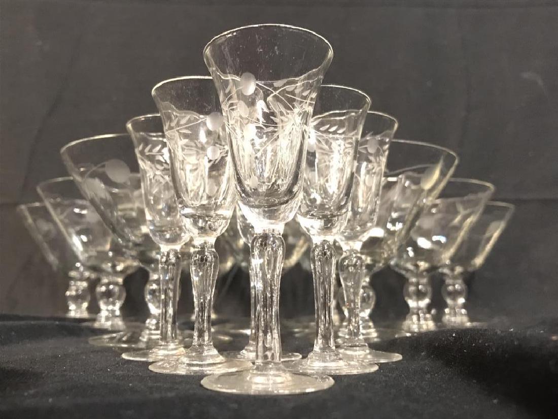 Lot 15 Frosted Floral Cocktail Glasses & More: Lot includes 9 cocktail glasses and 6 cordial glasses. All are frosted with floral and leaf detail. Measures approx 3.75 inches tall and 4 inches wide. barware, stemware, tabletop accessories, tablewa