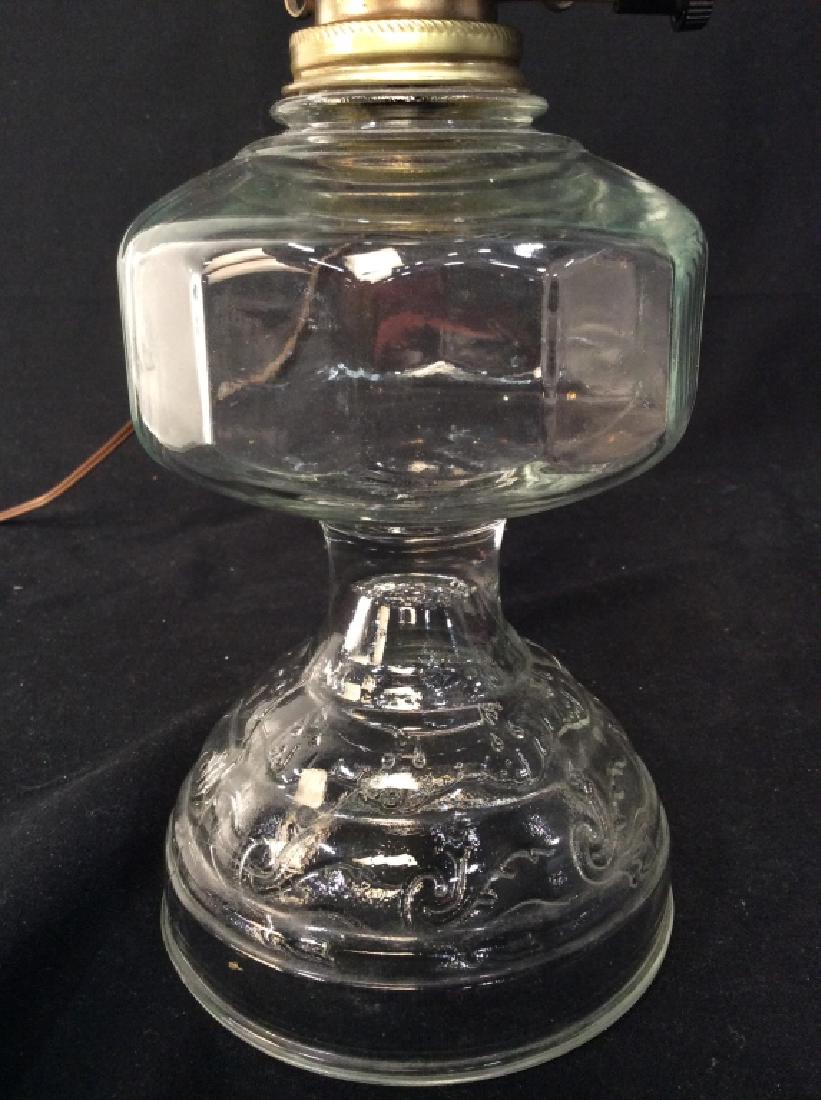 Vintage Glass Kerosene Table Lamp: Vintage Glass Kerosene Table Lamp, 18 in tall, Formed as a vintage clear glass kerosene lamp, good condition, not tested, Lighting, vintage, Glass Lighting, Table Top Decorations, Tabletop Lighting, K