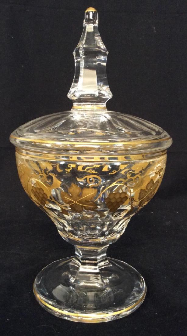 Val St Lambert Gold Painted Crystal Lidded Dish: Lidded Tazza, Candy Dish, Table Ware, Bowl, Heavy Crystal embossed with Hand Painted gold leaf design, lid with faceted finial, measures ht app 11 inches Signed underside for Val St Lambert, French Cr