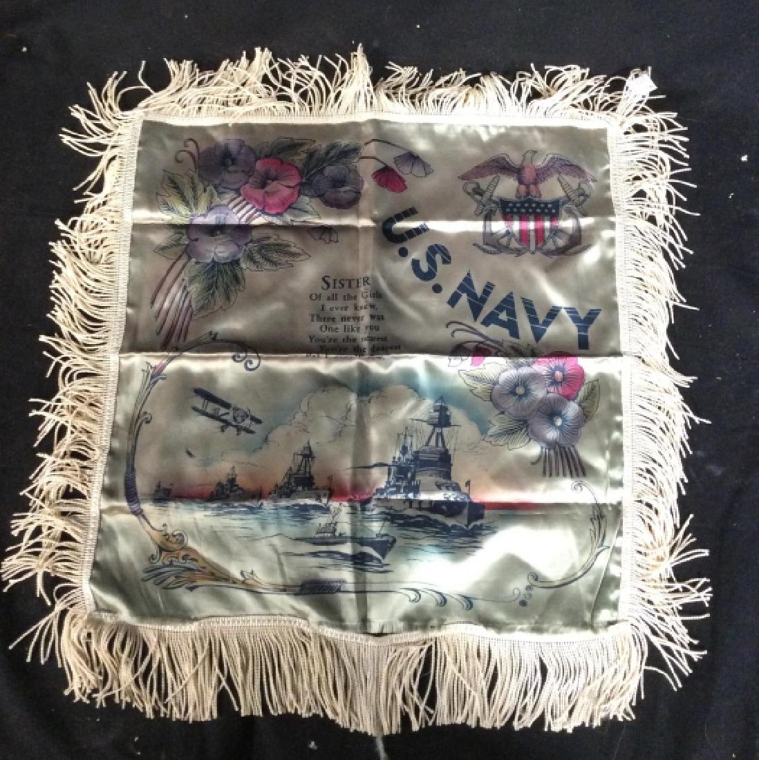 Vintage US Navy Pillow Co er: Silk throw pillow cover with graphics of US Navy, ships, planes and emblems, fringe border, us military collectible, vintage war memorabilia, measures w fringe app 22 by 21 inches