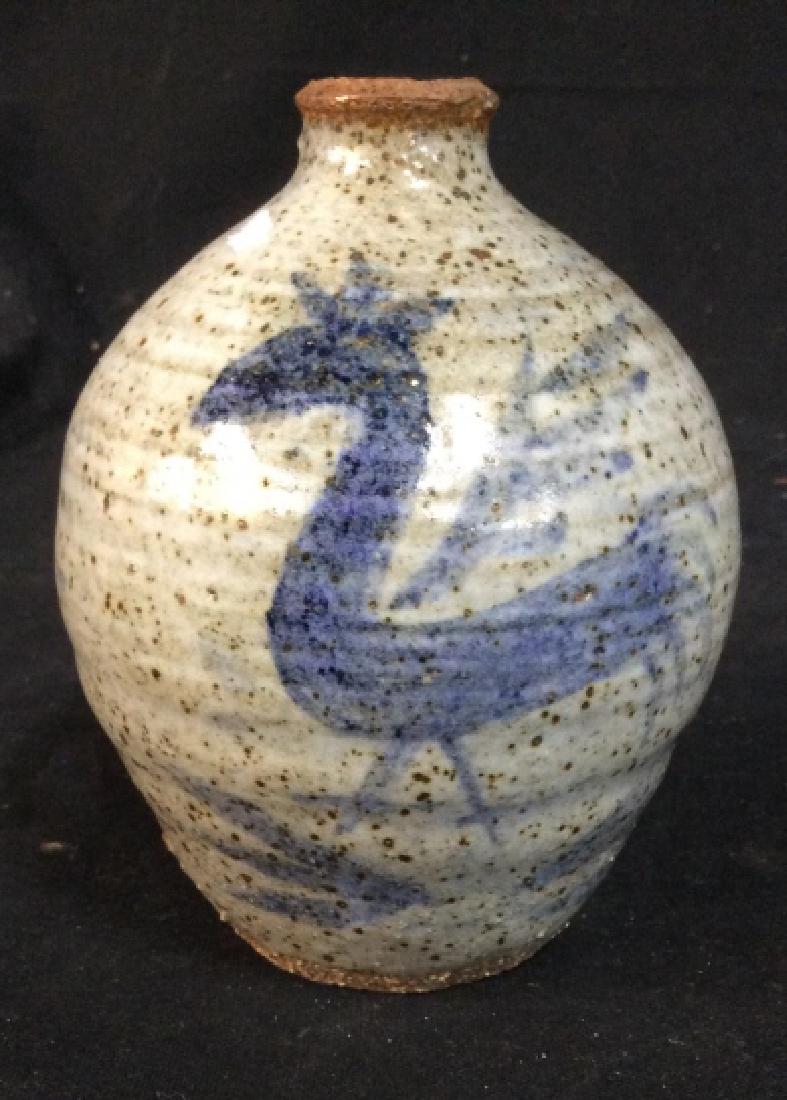 Korean Ceramic Vase w Bird: Gray toned ceramic vase, vessel, Tableware, with blue bird form, measures app 5 inches ht, diameter app 4 inches, Ceramics, Stoneware, pottery, pottery sculpture, ceramic pottery, decorative accessory