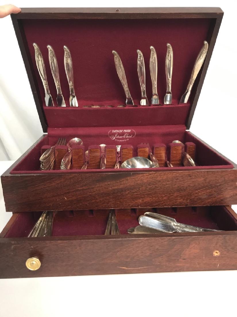 Cherry Flatware Chest W Holmes & Edwards Flatware: Cherry flatware chest. Warm cherry finish, lined in brown tarnish preventive silver cloth. Chest is missing 2 brass tone drawer pulls and knob. Cover lift with 8-slot bottom drawer rack for extra piec