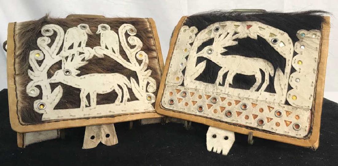 Pair of Vintage Fur and Leather Peruvian Cocoa Pouches: Pair of fur and leather Peruvian Cocoa Pouches, feature moose and bird motifs. Due to natural leather composition and age, pouches have some stiffness and are difficult to open. Each measures approx 5