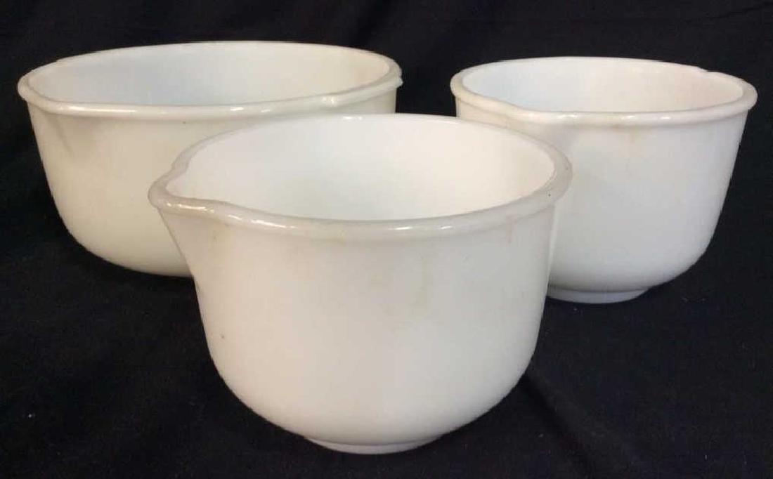 FIRE KING WARE for Sunbeam Mixing Dishes Set 3: FIRE KING WARE for Sunbeam Mixing Dishes Set 3. Largest bowl marked FIRE KING WARE for Sunbeam, smaller dishes marked GLASBAKE for Sunbeam Milk glass bowls, mixing dishes. Marked on underside for FIRE