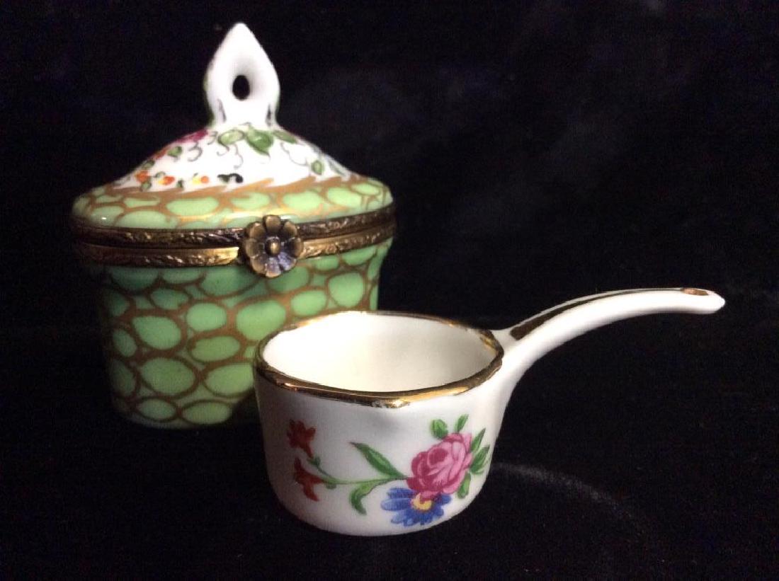 Lot 2 LIMOGES Pill Box & Accessory: Lot 2 LIMOGES Pill Box & Accessory, Collectible Porcelain Accessory. Hand painted porcelain LIMOGES pill box with green toned ground, and painted floral and gold toned designs, Lot also includes LASSE
