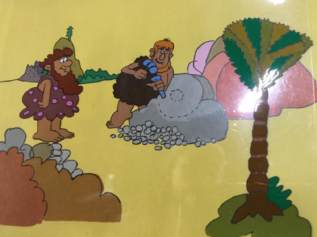 Vintage Caveman Cartoon Animation Sericel: Vintage cavemen cartoon animation sericel, consisting of the background and 4 sheets of acetate cels. Artwork is vintage and has cels have wear around the edges. The group measures approx 11 inches in