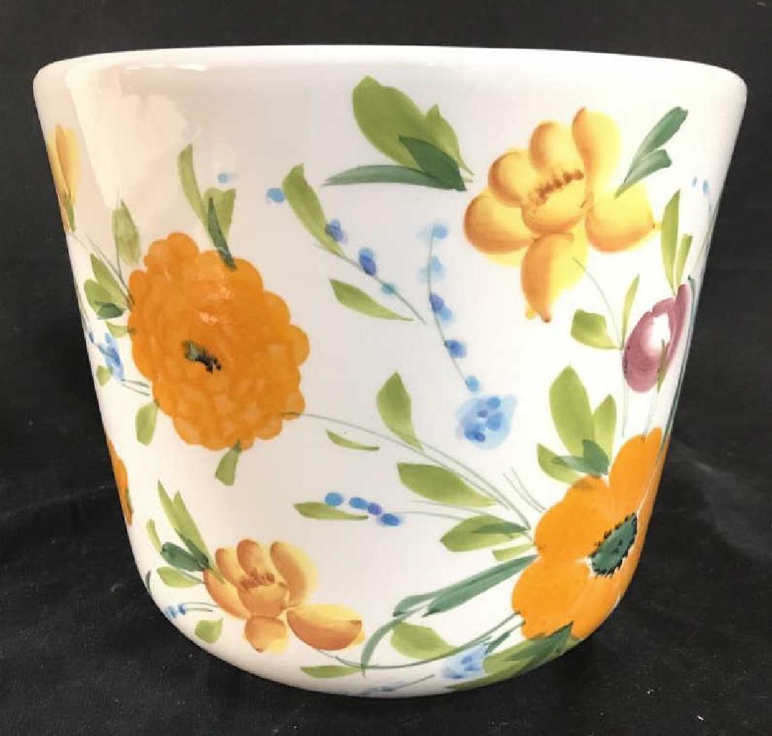 ITALIAN Floral Detailed Porcelain Planter: Underside of piece reads MADE IN ITALY. Piece is possibly hand painted with multi toned floral vine and leaf detail. Measures approx 7.5 inches wide, 9 inches wide. Tabletop accessory, tableware, Home