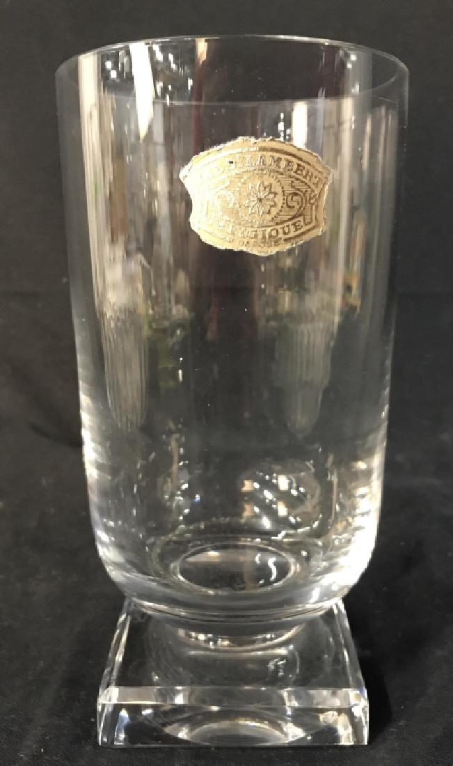 VAL ST LAMBERT Cut Crystal Pedestaled Vessel: Piece has label which reads VAL ST LAMBERT BELGIOUE DEPOSE. MEASURES approx 7 inches tall 3.5 inches wide. Piece is also marked on underside. tableware, tabletop accessory, decor piece, decorative acc