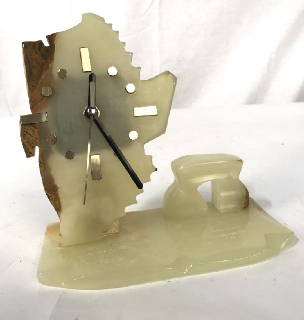 Onyx Desk Clock, Chile: Onyx Desk Clock, Chile, inscribed Tocopillo Chile, recuparado de antrogusto, not tested, onyx in good condition, 7 in x 7 1/2 in, Decorative Desk Clocks, Onyx, Chilean Onyx, Onyx made Decorations, Tab