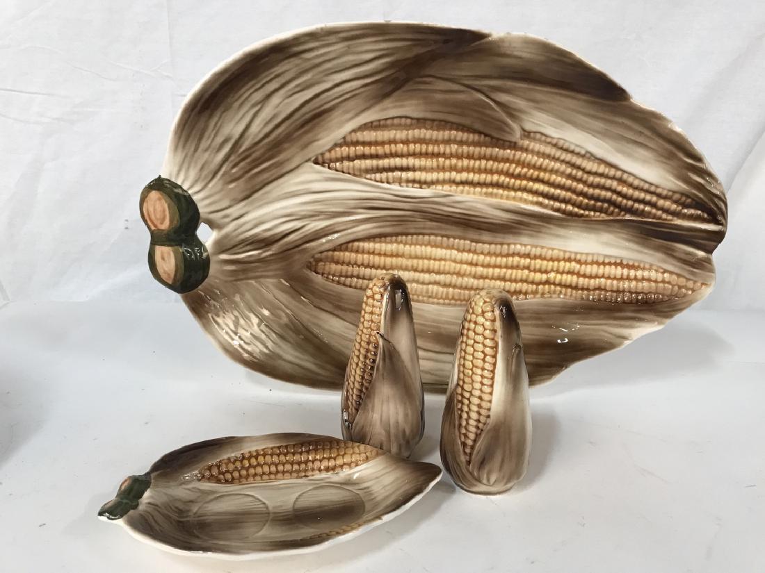 American Porcelain Corn Themed Dishes: American Porcelain Corn Themed Dishes, platter measures 16 x 11in, includes corn salt and pepper, and one large corn serving platter, marked on underside Embassy Quality Products, made in Japan, good 