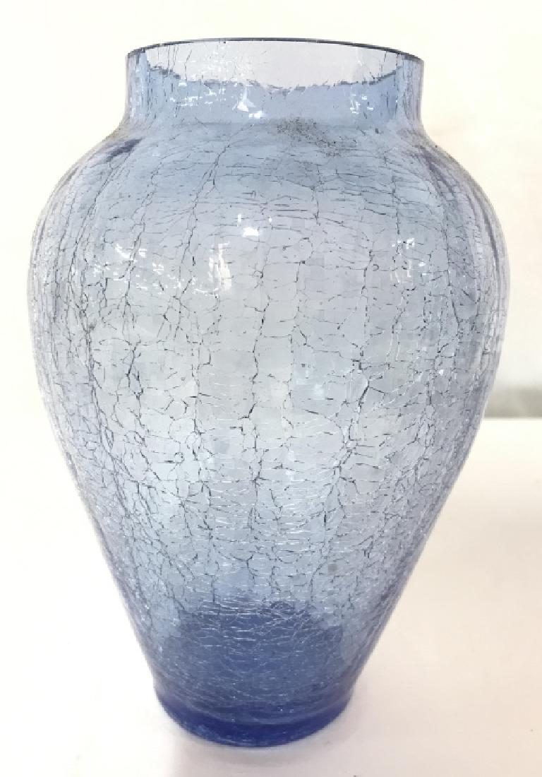 Ice Blue Toned Vase: Vase is ice blue toned. Contains crazed look. Measures 7.5 inches tall 5 inches wide. tableware, tabletop accessory, decor piece, decorative accessory. vase, art glass vessel