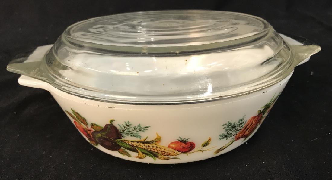 Vintage Covered Casserole Dish: Vintage Covered Casserole Dish, 8 in diameter, good condition, painted with vegetables on white ground, marked made in England on top and underside, English Cookware, Corningware, bakeware, Oven Proof