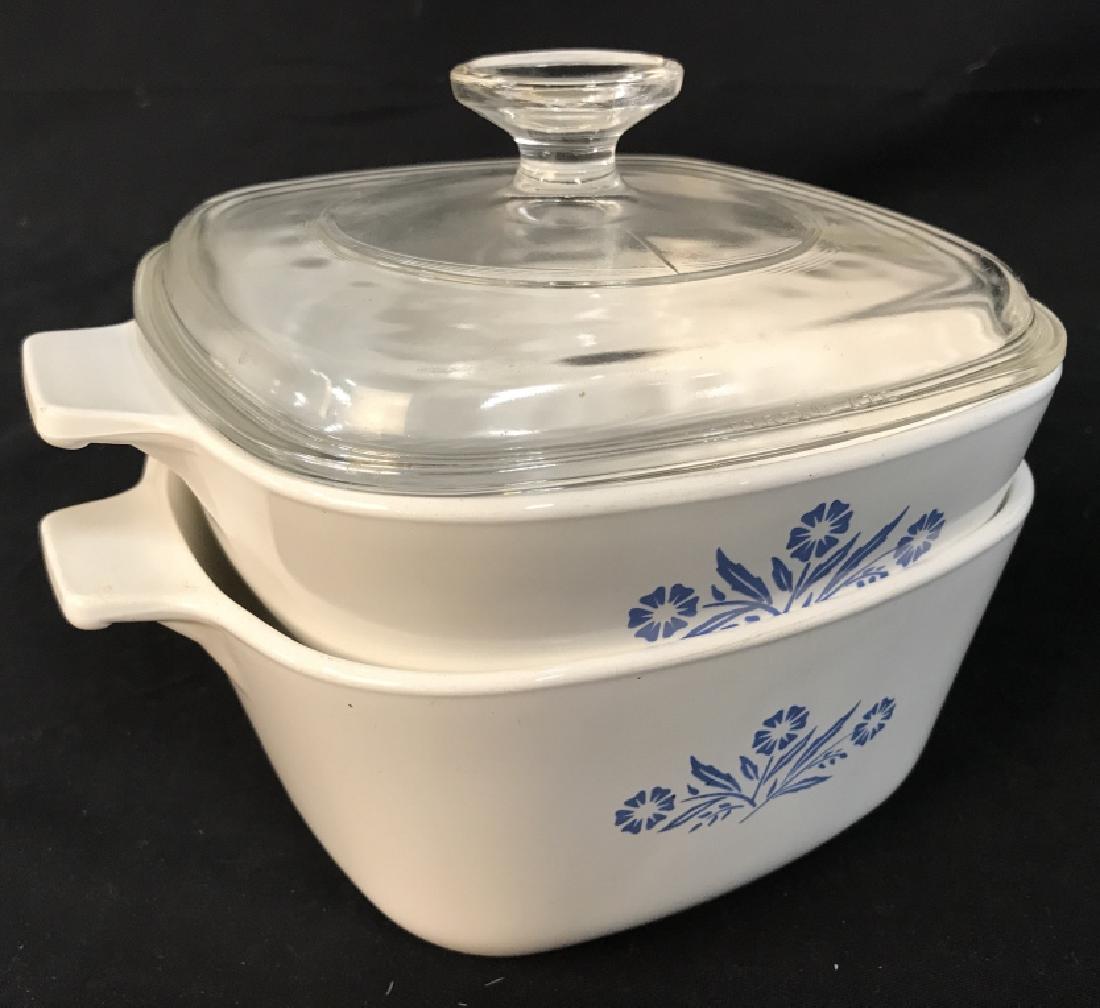 Set of Corningware Oven Proof Casseroles: Set of Corningware Oven Proof Casseroles, 7 in square, decorated with French blue flowers on white ground, includes one cover and two casserole dishes, Ovenproof bakeware, kitchenware, Corningware, Ta