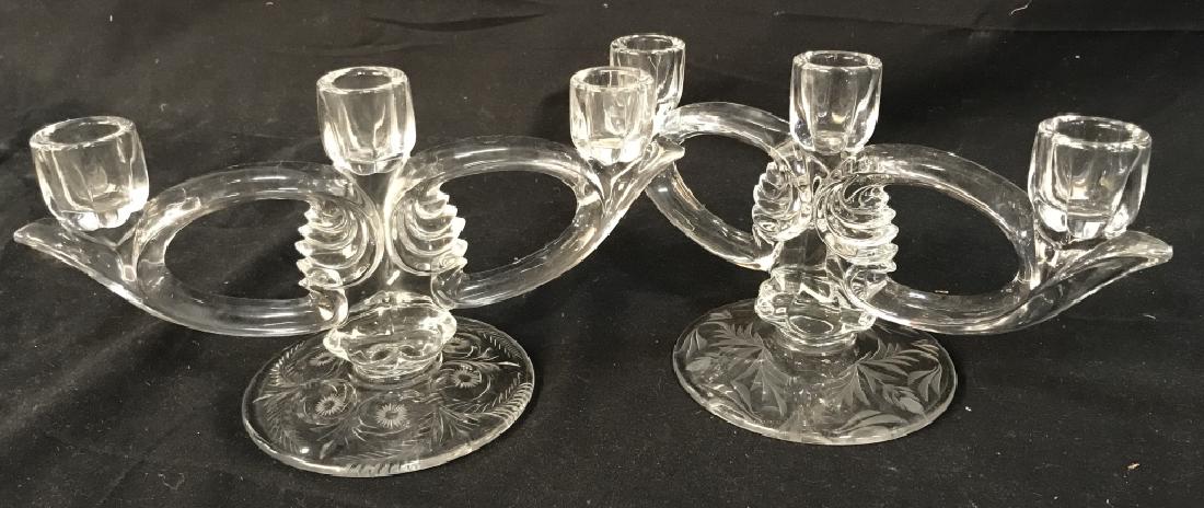 Near Pair Etched Glass Candleholders: Near Pair Etched Glass Candleholders, 6 in x 9 in, good condition, possibly 1950s, Candlesticks, Mid Century Decor, Glass Tableware, Glass kitchenware, Tabletop Decor, 5