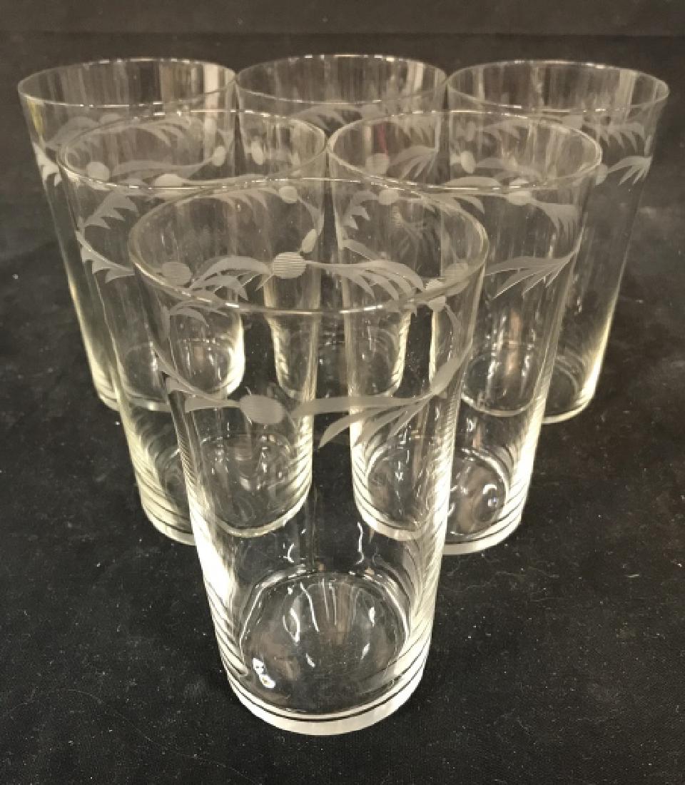 Set of 6 Vintage Etched Glass Water Glasses: Set of 6 Vintage Etched Glass Water Glasses, 5 in x 3 in, good condition, decorated with etched Floral design along top edges, good condition, Kitchenware, Water Glasses, Tableware, Bar Ware, Dinnerwa