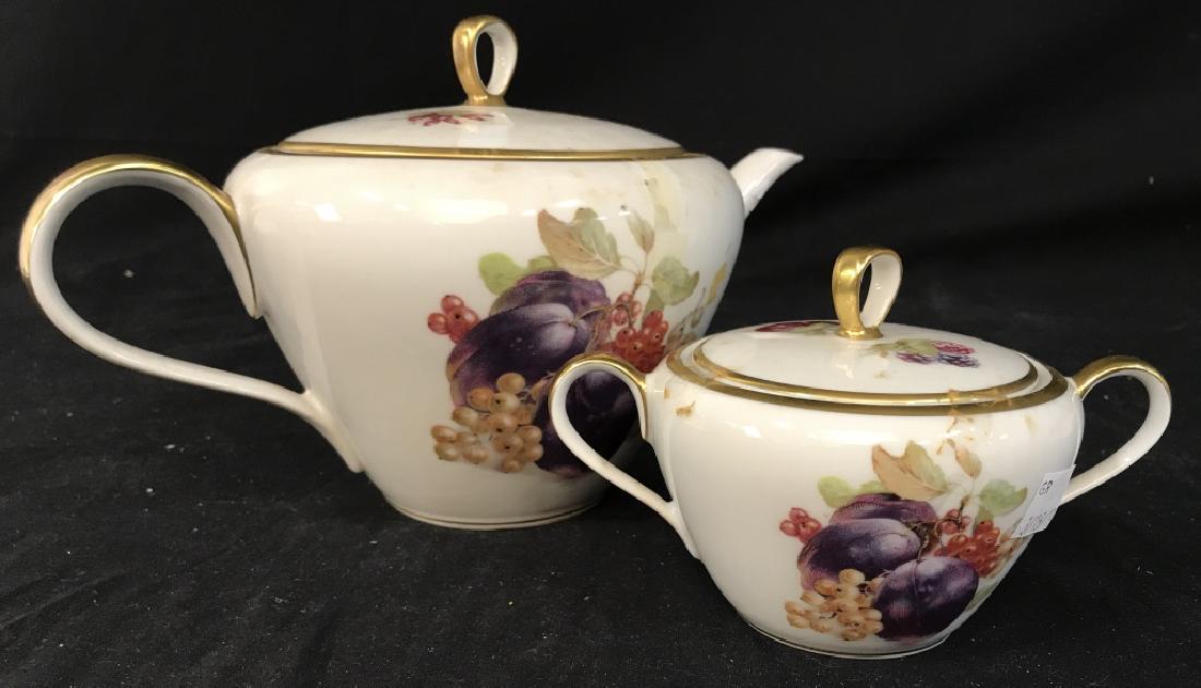Vintage German Porcelain Tea Pot with Sugar: German Porcelain Tea Pot with Covered Sugar, 11 in x 7 in sugar measures 6 in x 4 in, good condition, marked on undersides E&R Bavaria, Orchard, Germany, Bavarian Porcelain, German Porcelain, Kitchenw