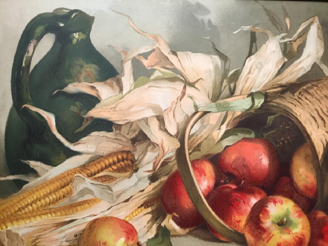 Vintage Framed Still Life Print On Board: Vintage Framed still life Print On Board, possibly a Lithograph. Printed Signature appears illegibly in lower right corner, possibly reads Annie C. Nouvell. Still life features apples, corn and a pitc