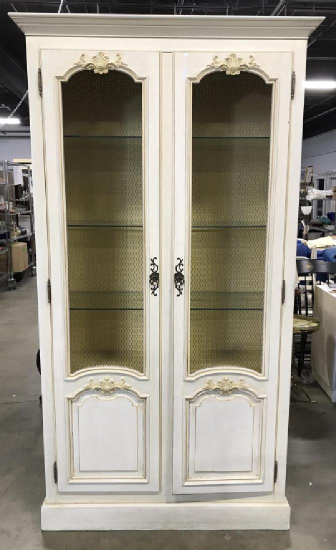 Vintage Country French Style Armoire: Vintage Country French Style Armoire with internal top light, acanthus leaf scrolled design, honeycomb wire mesh doors, three internal glass shelves, and two lower drawers with additional storage, lig